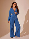 Plunge Long Sleeve Wide Leg Denim Jumpsuit - Hovatok