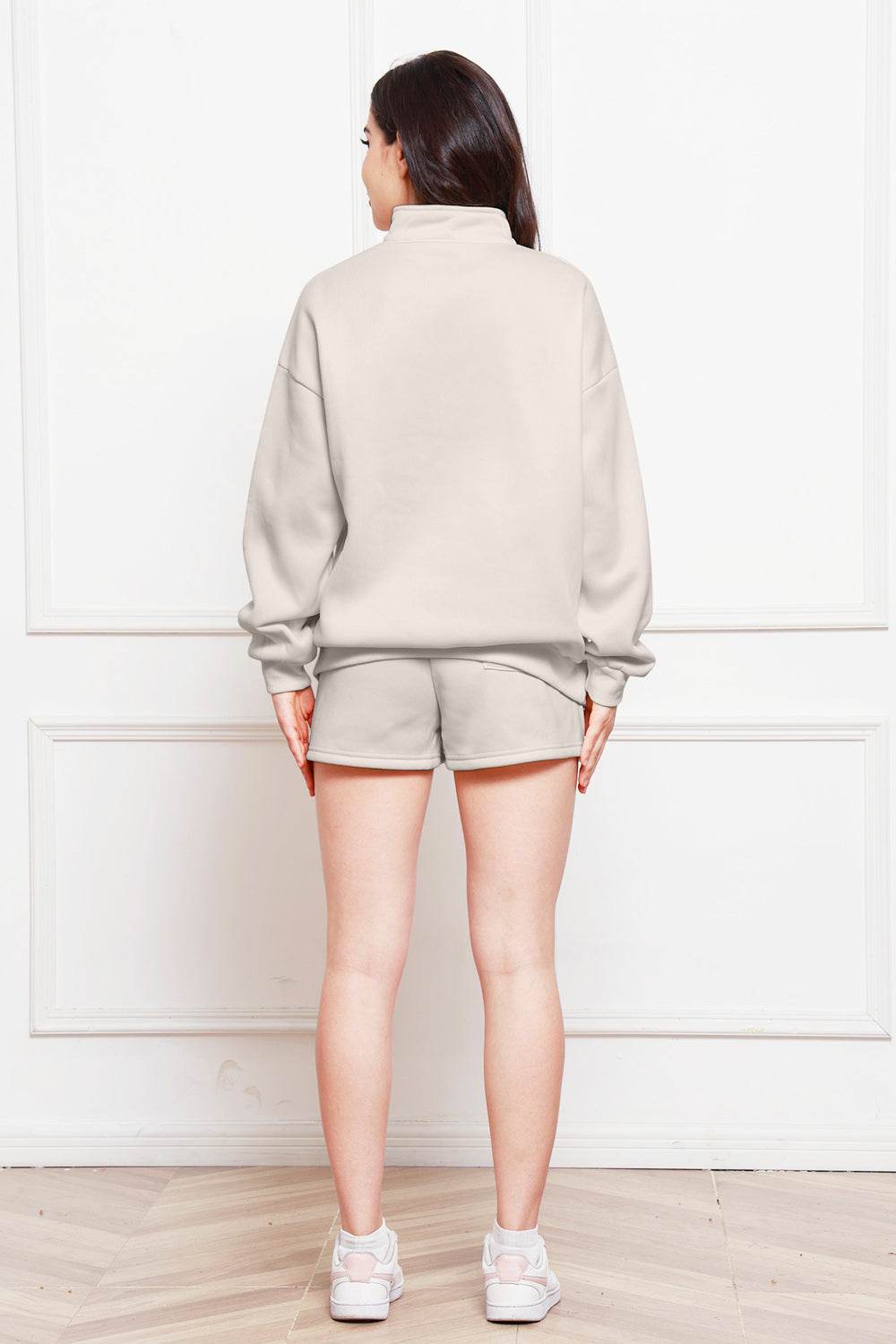 Half Zip Long Sleeve Sweatshirt and Drawstring Shorts Set - Hovatok