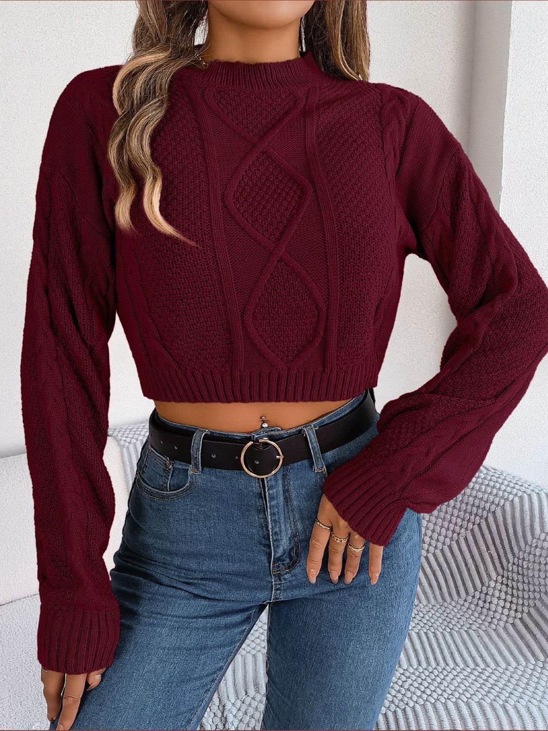 Cable-Knit Round Neck Cropped Sweater - Hovatok