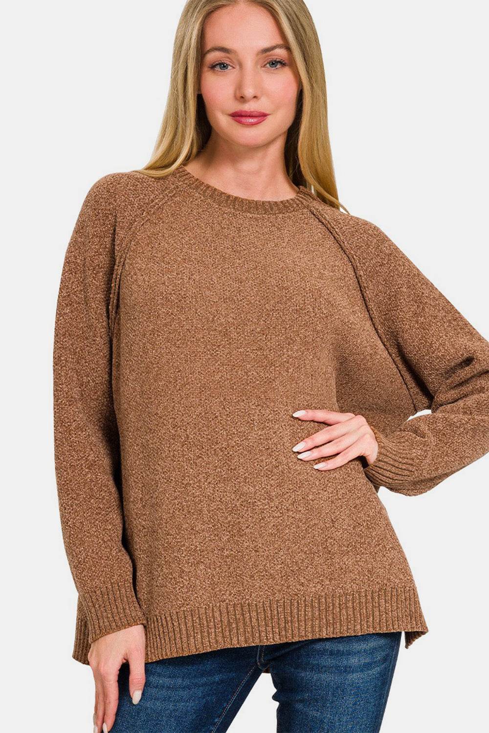 Zenana Side Slit Raglan Sleeve Sweater - Hovatok