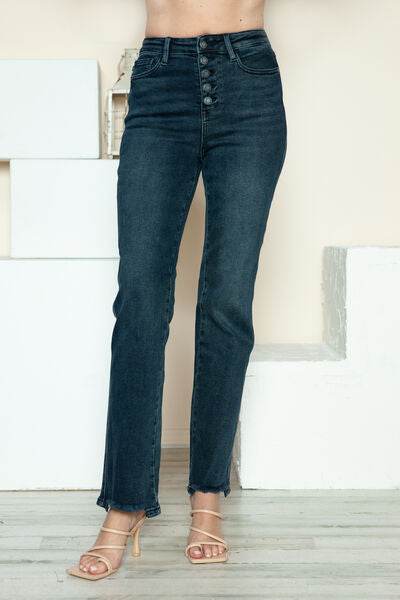 Judy Blue Full Size Button Fly Hem Destroy Straight Jeans - Hovatok