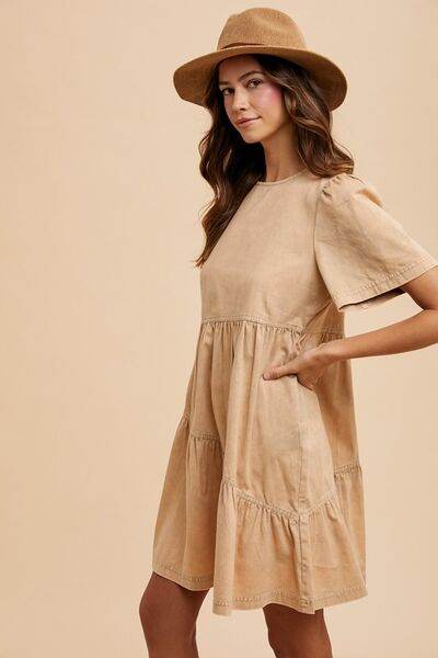 Annie Wear Mineral Washed Round Neck Short Sleeve Denim Dress - Hovatok