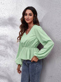 V-Neck Balloon Sleeve Peplum Blouse - Hovatok
