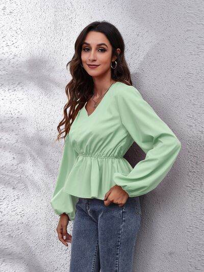V-Neck Balloon Sleeve Peplum Blouse - Hovatok