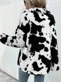 Cow Print Collared Neck Button Up Fuzzy Jacket - Hovatok