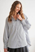 ADORA High-Low Striped Button Down Smocked Lantern Sleeve Shirt - Hovatok