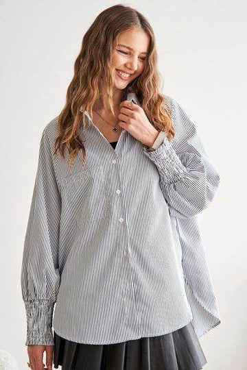 ADORA High-Low Striped Button Down Smocked Lantern Sleeve Shirt - Hovatok