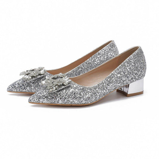 Glitter Point Toe Block Heel Pumps - Hovatok
