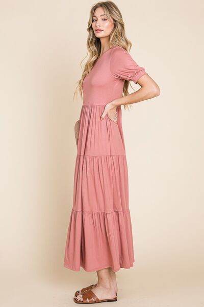 BOMBOM Short Sleeve Tiered Maxi Dress - Hovatok