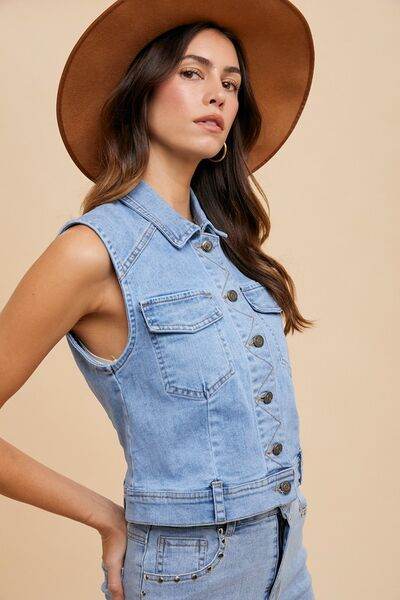 Annie Wear Collared Neck Button Down Denim Vest - Hovatok
