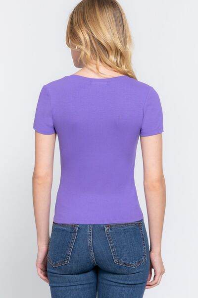 ACTIVE BASIC V-Neck Ribbed Short Sleeve Knit T-Shirt - Hovatok