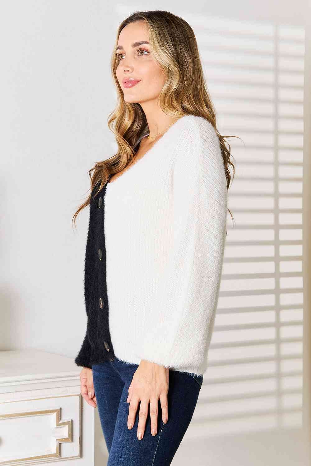 Angel Wings Woven Right Contrast Button-Front V-Neck Cardigan - Hovatok