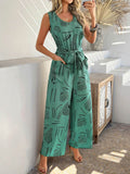 Devine Printed Round Neck Sleeveless Tie Waist Jumpsuit - Hovatok