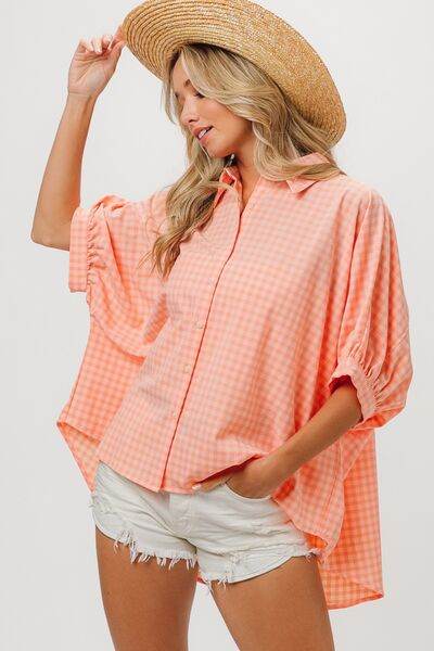 BiBi Plaid Button Up Dolman Sleeve Shirt - Hovatok