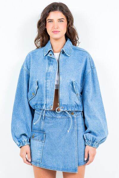 American Bazi Drawstring Waist Crop Denim Jacket - Hovatok