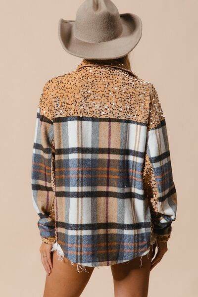 BiBi Curved Hem Sequin Plaid Button Up Shacket - Hovatok