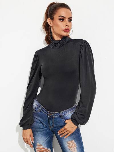 Backless Tie-Waist Turtleneck Lantern Sleeve Bodysuit - Hovatok