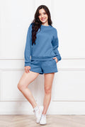 Round Neck Long Sleeve Sweatshirt and Drawstring Shorts Set - Hovatok