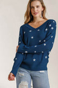 Umgee Full Size Star V-Neck Long Sleeve Sweater Plus Size - Hovatok