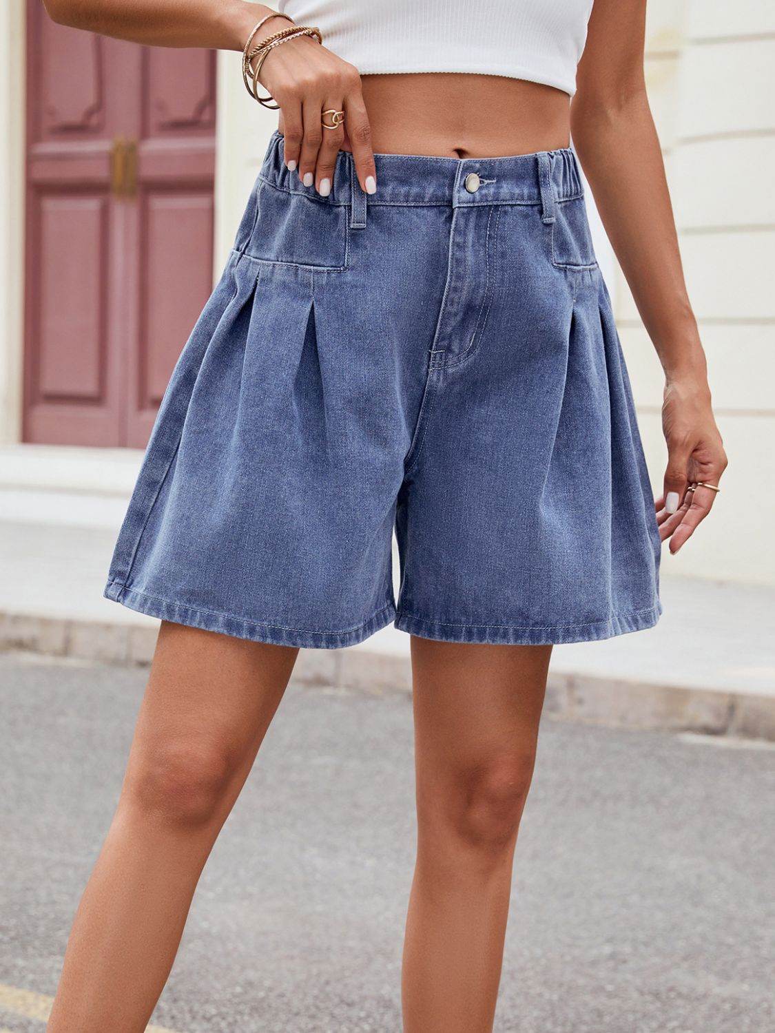 Ruched Half Elastic Waist Denim Shorts - Hovatok