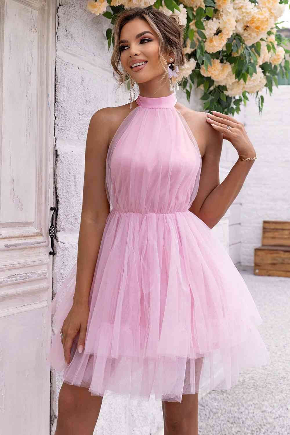 Halter Neck Backless Mesh Dress - Hovatok