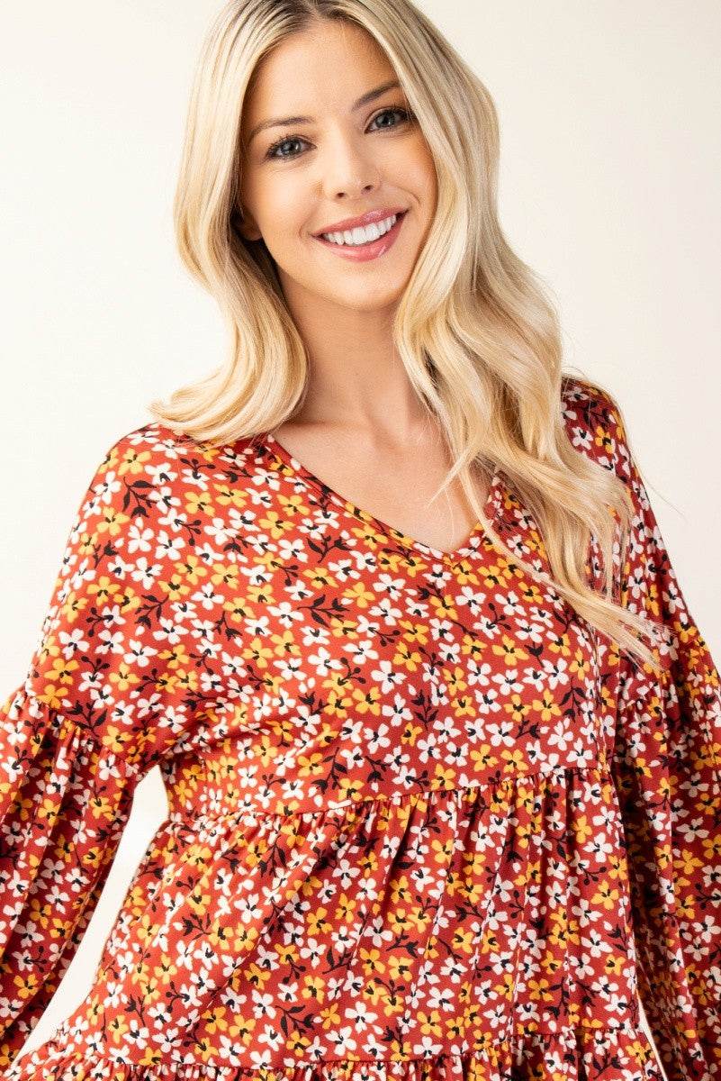 Celeste Full Size Floral V-Neck Balloon Sleeve Blouse - Hovatok
