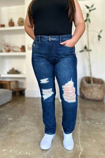 Judy Blue Full Size High Waist Rigid Magic Heavy Destroy Straight Jeans - Hovatok