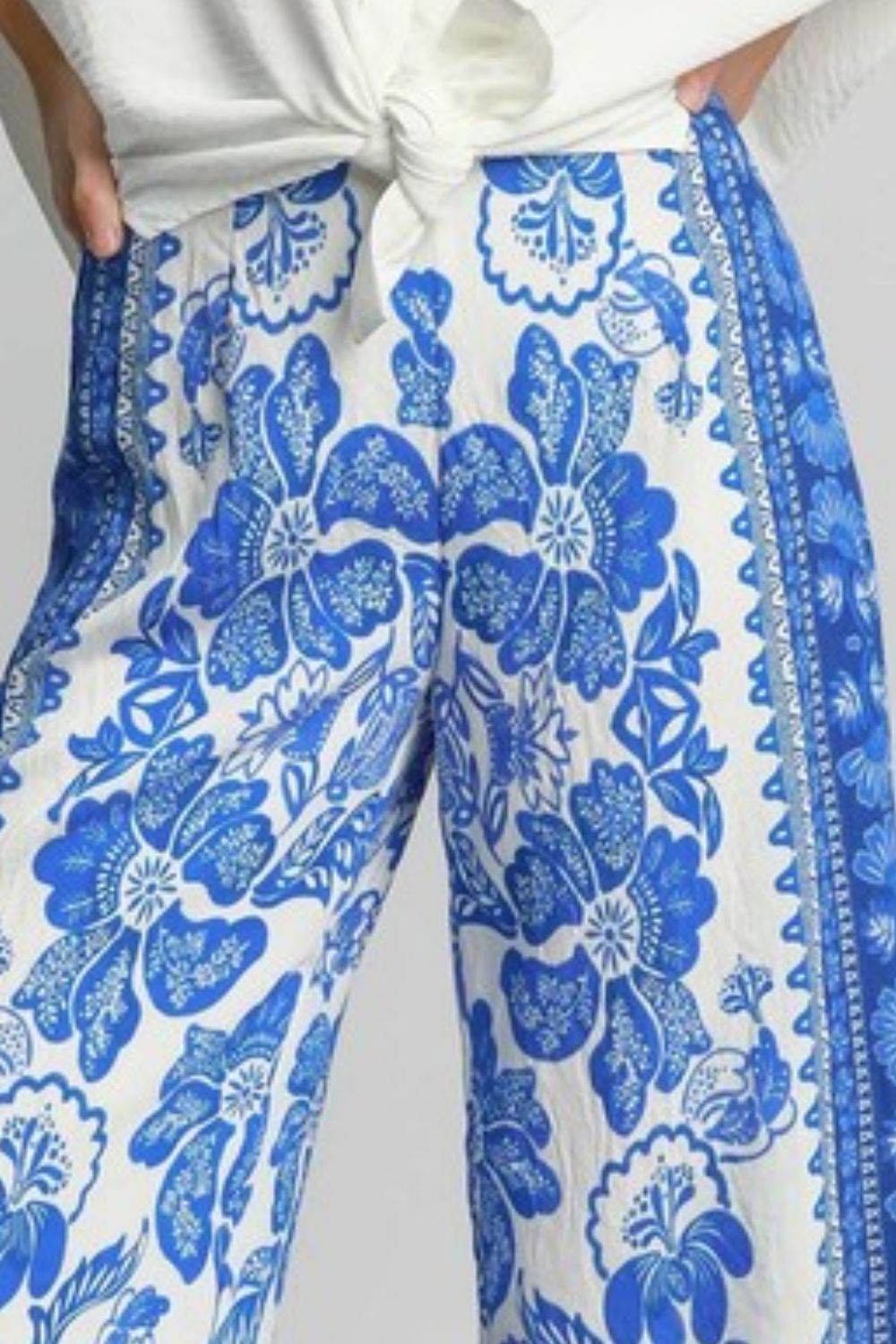 Umgee Full Size Floral Border Print Pants Plus Size - Hovatok