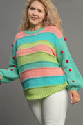 Umgee Full Size Color Block Cable Knit Sweater with Pom Pom Plus Size - Hovatok