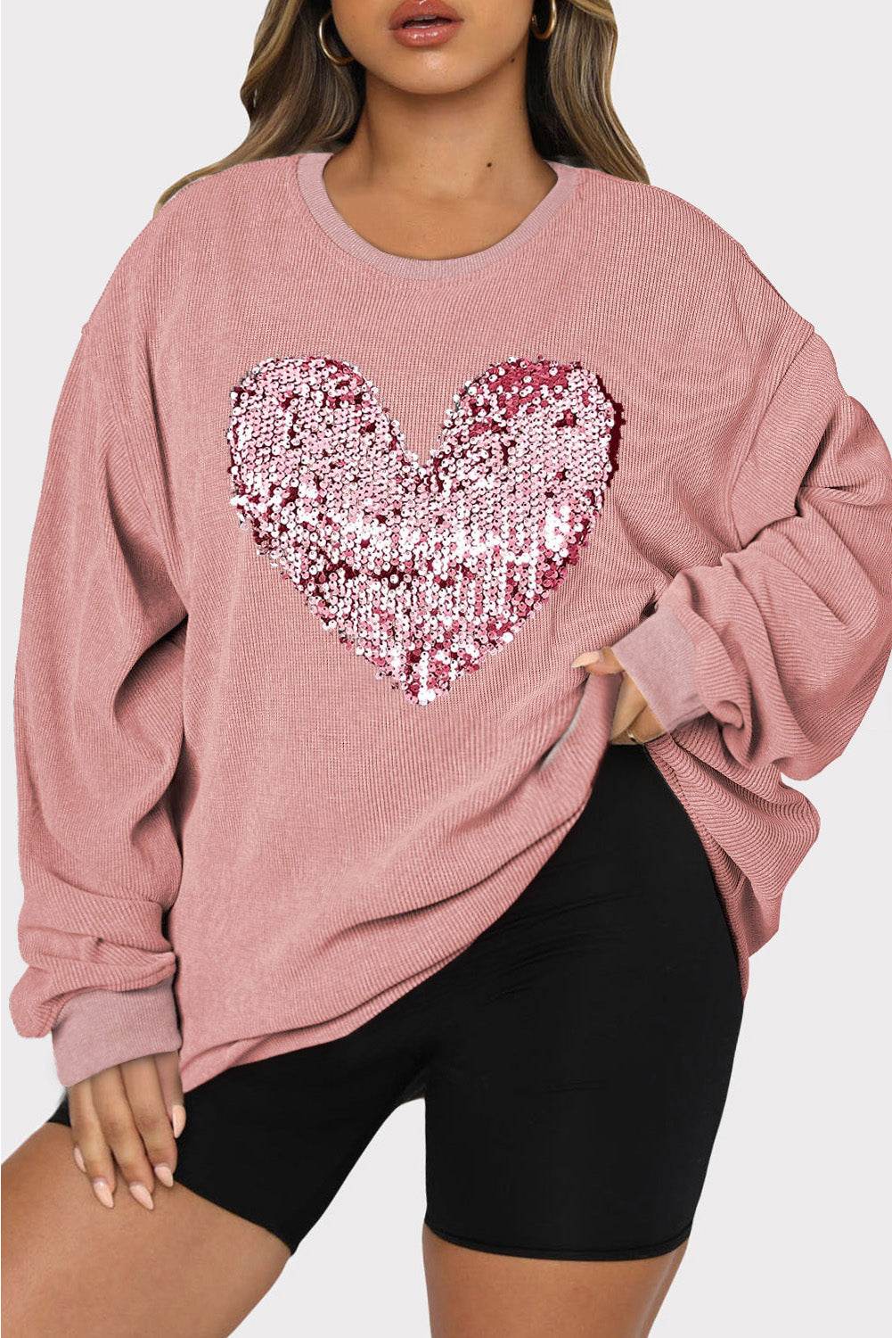 Plus Size Heart Sequin Round Neck Sweatshirt - Hovatok