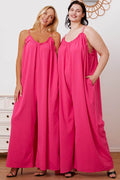 Double Take Full Size Ruffle Trim Tie Back Cami Jumpsuit with Pockets - Hovatok