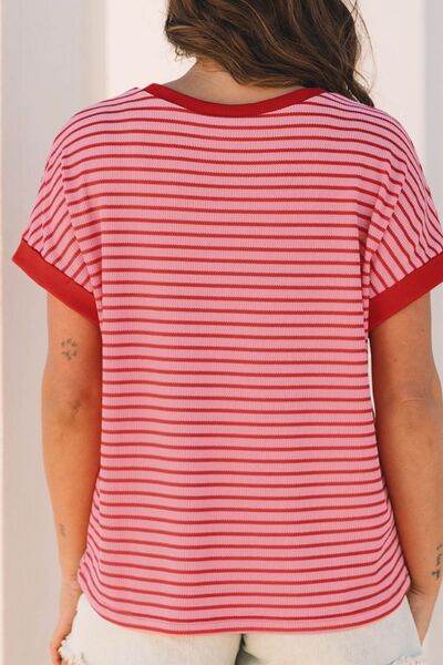 Contrast Striped Round Neck Short Sleeve T-Shirt - Hovatok