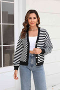 Angel Wings Button-Down Stripe & Plaid Contrast Pattern Cardigan - Hovatok