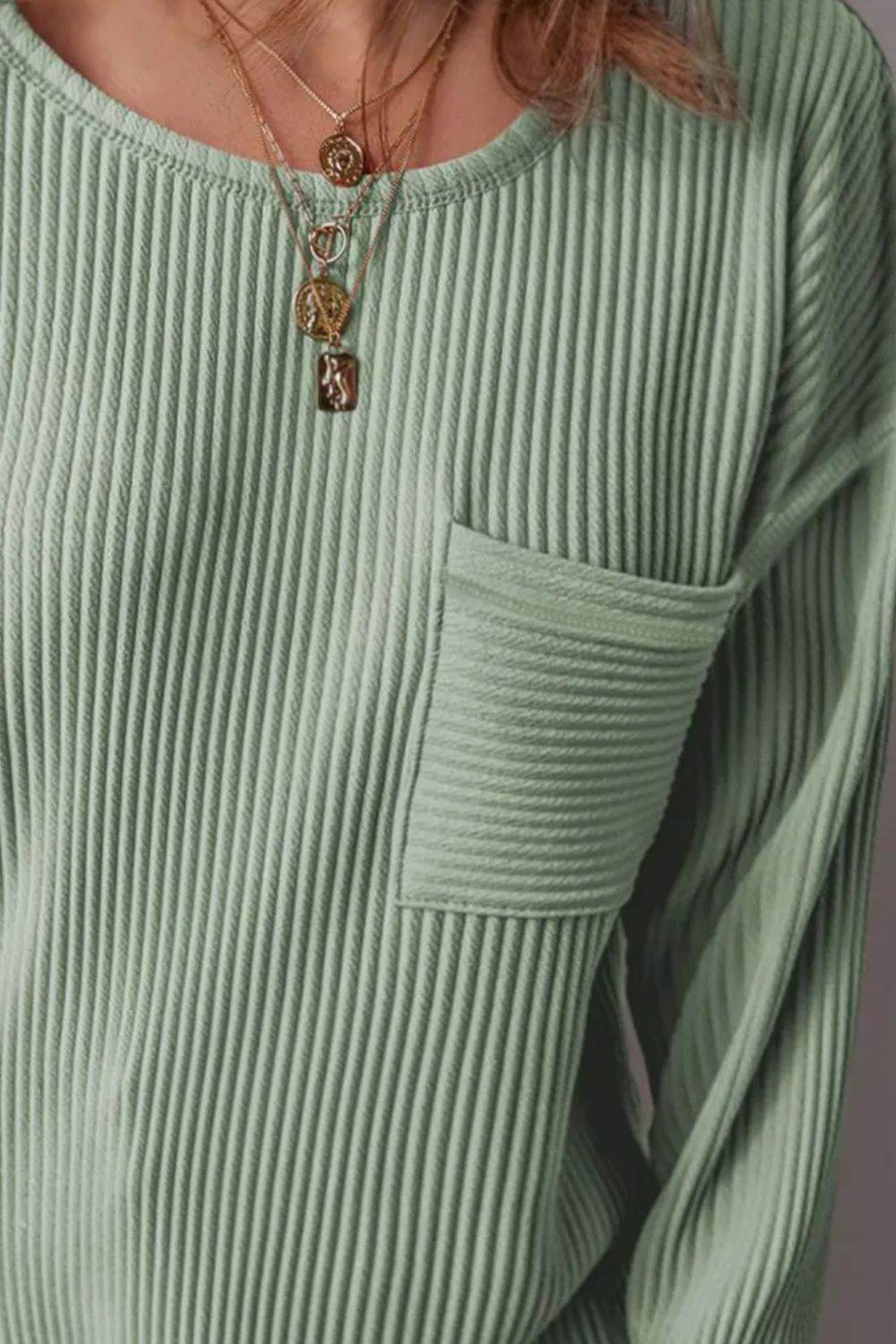 Plus Size Pocketed Ribbed Round Neck Long Sleeve Top - Hovatok