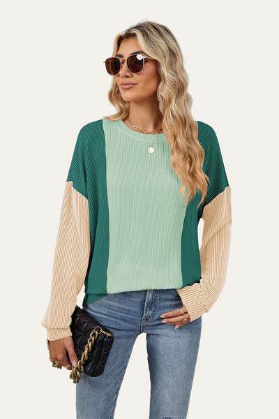 Double Take Texture Contrast Round Neck Long Sleeve T-Shirt - Hovatok
