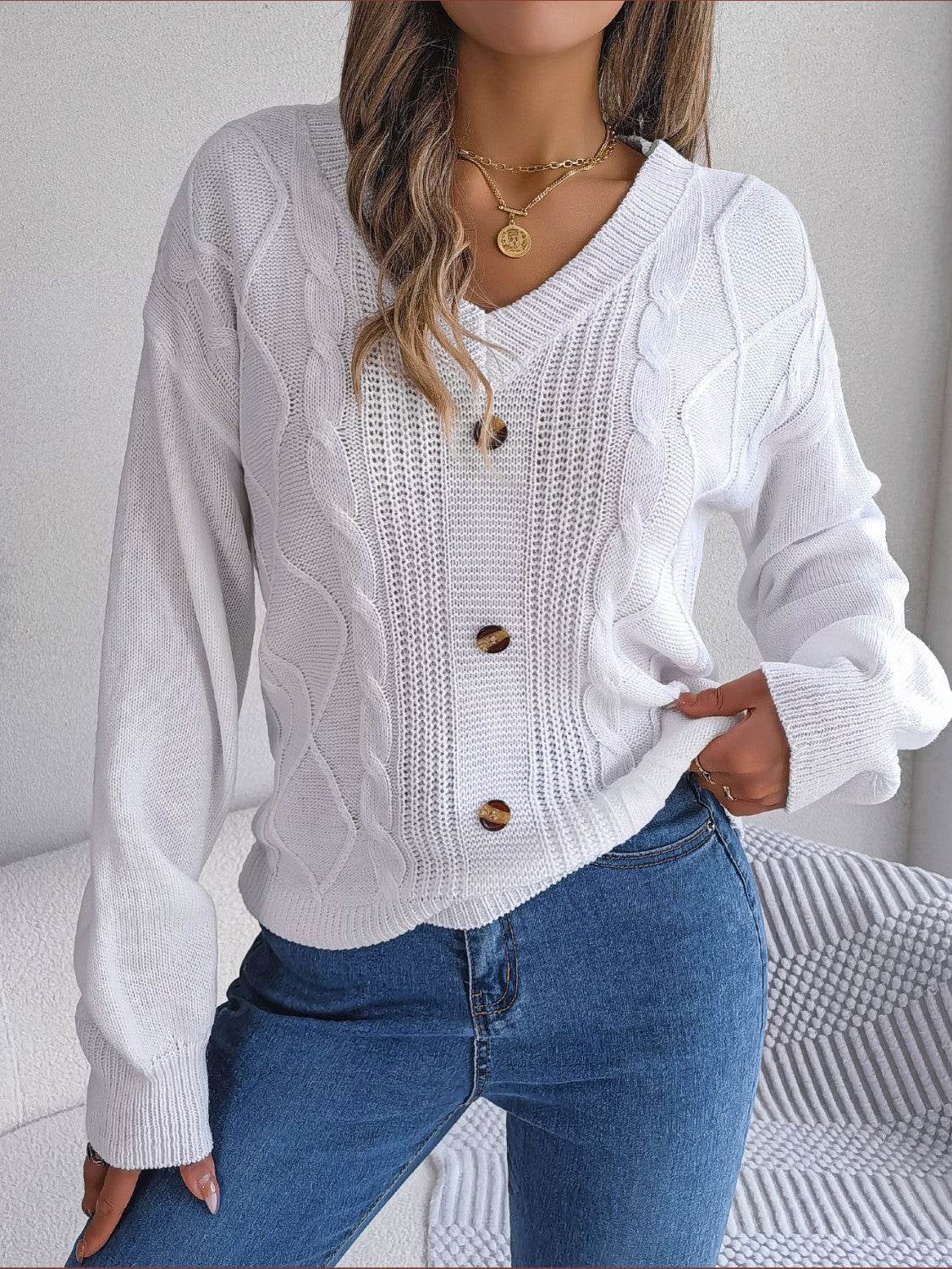 Cable-Knit Buttoned V-Neck Sweater - Hovatok