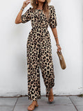 Perfee Tied Leopard Half Sleeve Jumpsuit - Hovatok