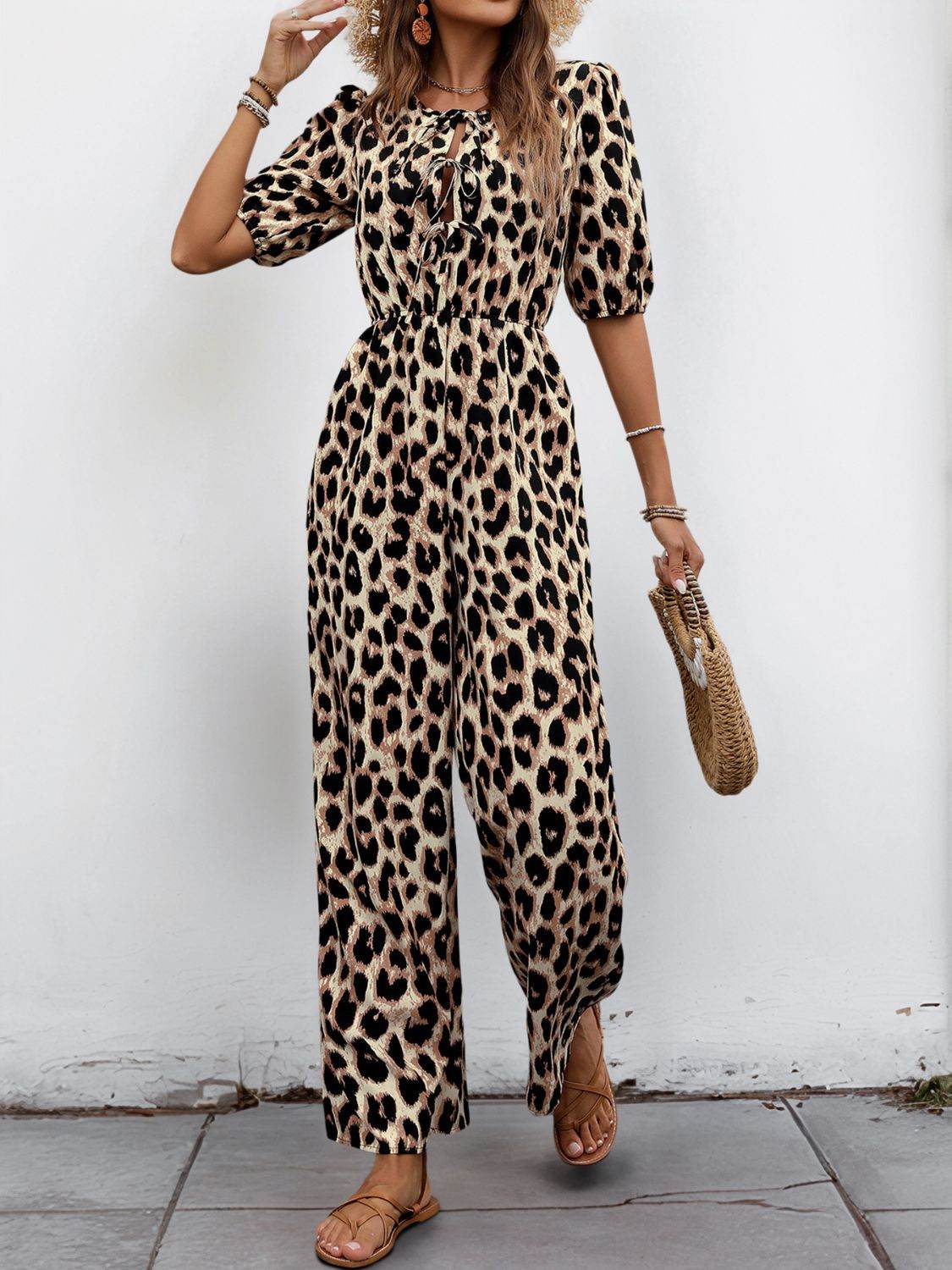 Perfee Tied Leopard Half Sleeve Jumpsuit - Hovatok