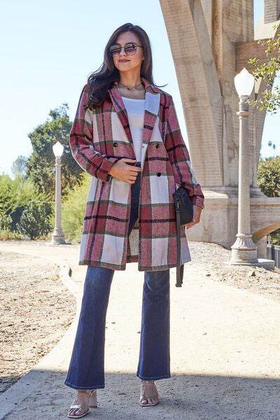 Double Take Full Size Plaid Button Up Lapel Collar Coat - Hovatok