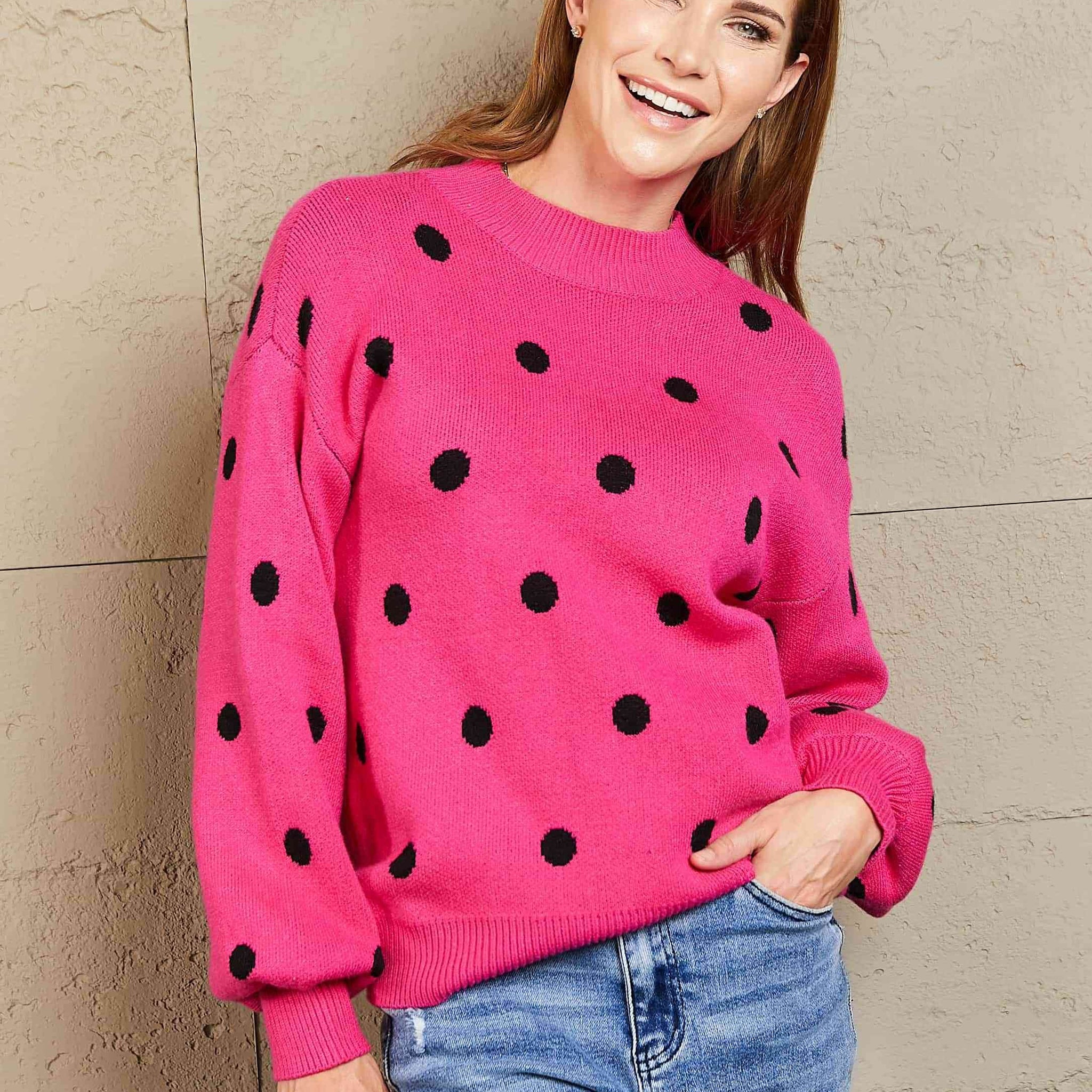 Angel Wings Woven Right Polka Dot Round Neck Dropped Shoulder Sweater - Hovatok