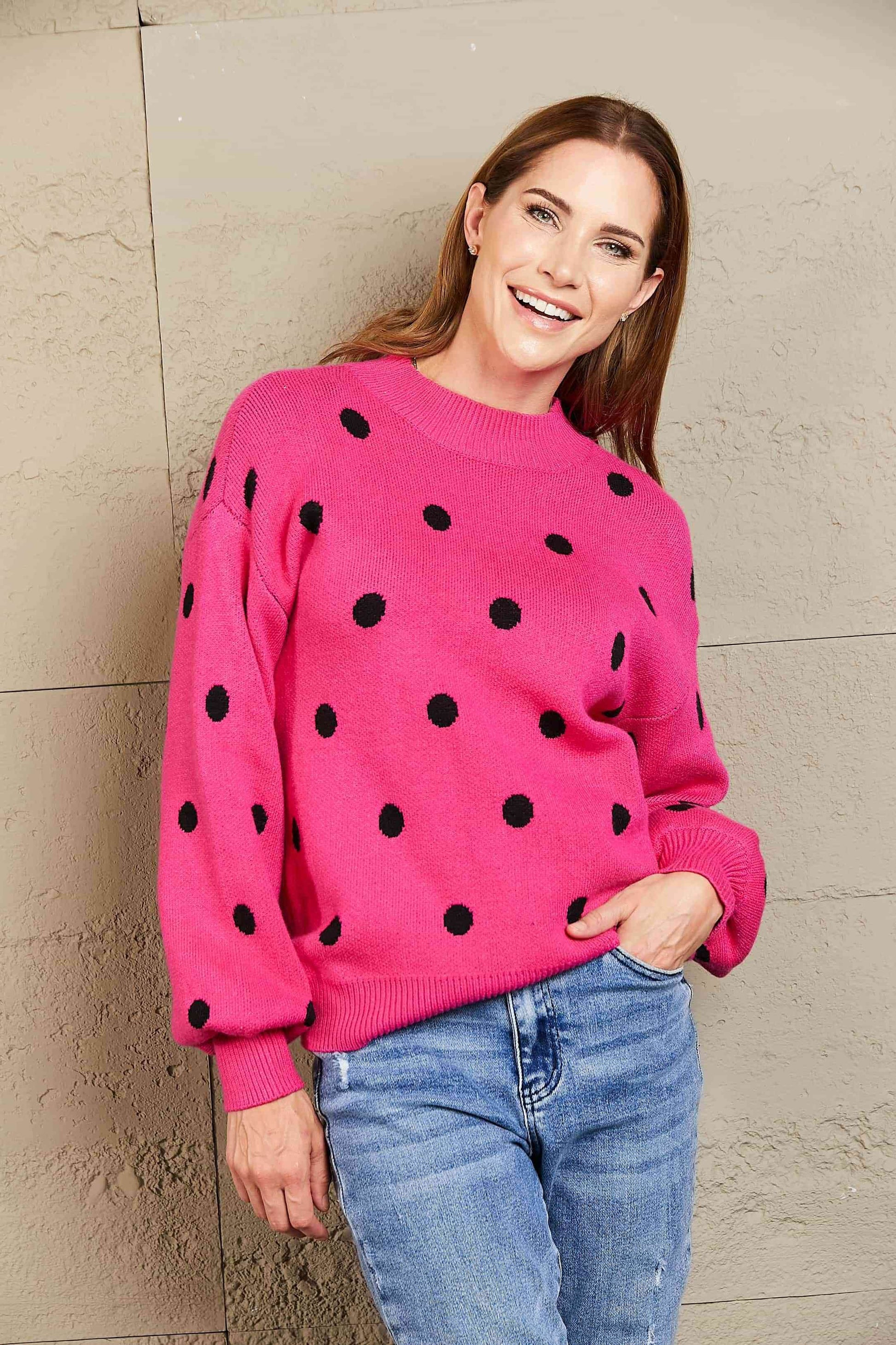 Angel Wings Woven Right Polka Dot Round Neck Dropped Shoulder Sweater - Hovatok