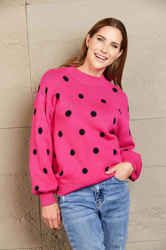 Angel Wings Woven Right Polka Dot Round Neck Dropped Shoulder Sweater - Hovatok