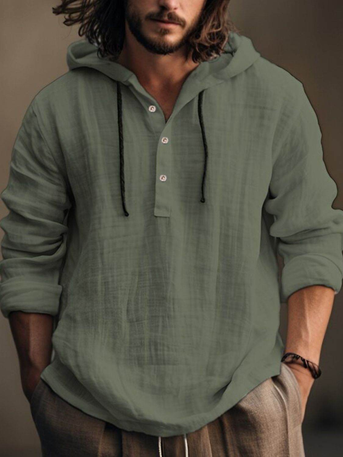 Men's Full Size Half Button Long Sleeve Hoodie - Hovatok