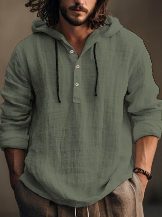 Men's Full Size Half Button Long Sleeve Hoodie - Hovatok