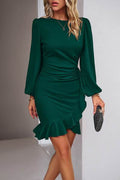 Devine Ruched Ruffled Balloon Sleeve Mini Dress - Hovatok