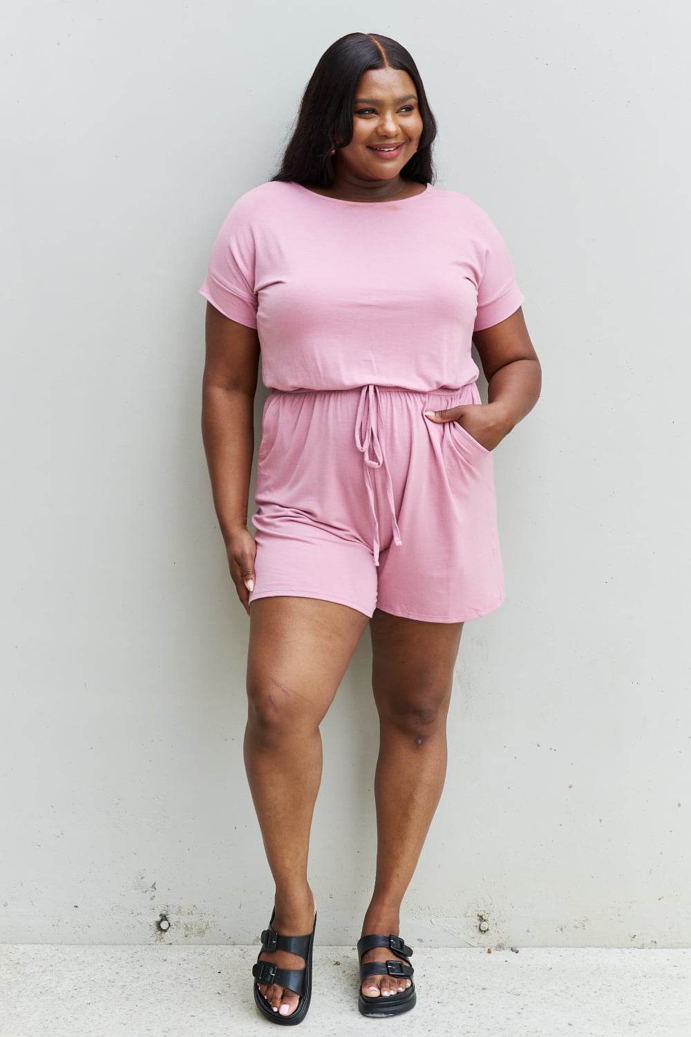 Zenana Chilled Out Full Size Short Sleeve Romper in Light Carnation Pink - Hovatok