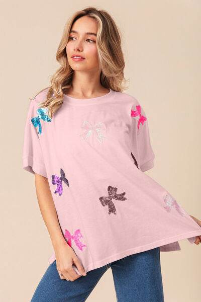 BiBi Sequin Bow Patch Short Sleeve T-Shirt - Hovatok