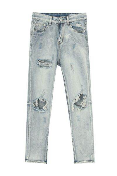 Pocketed Distressed Jeans with Side Zip - Hovatok