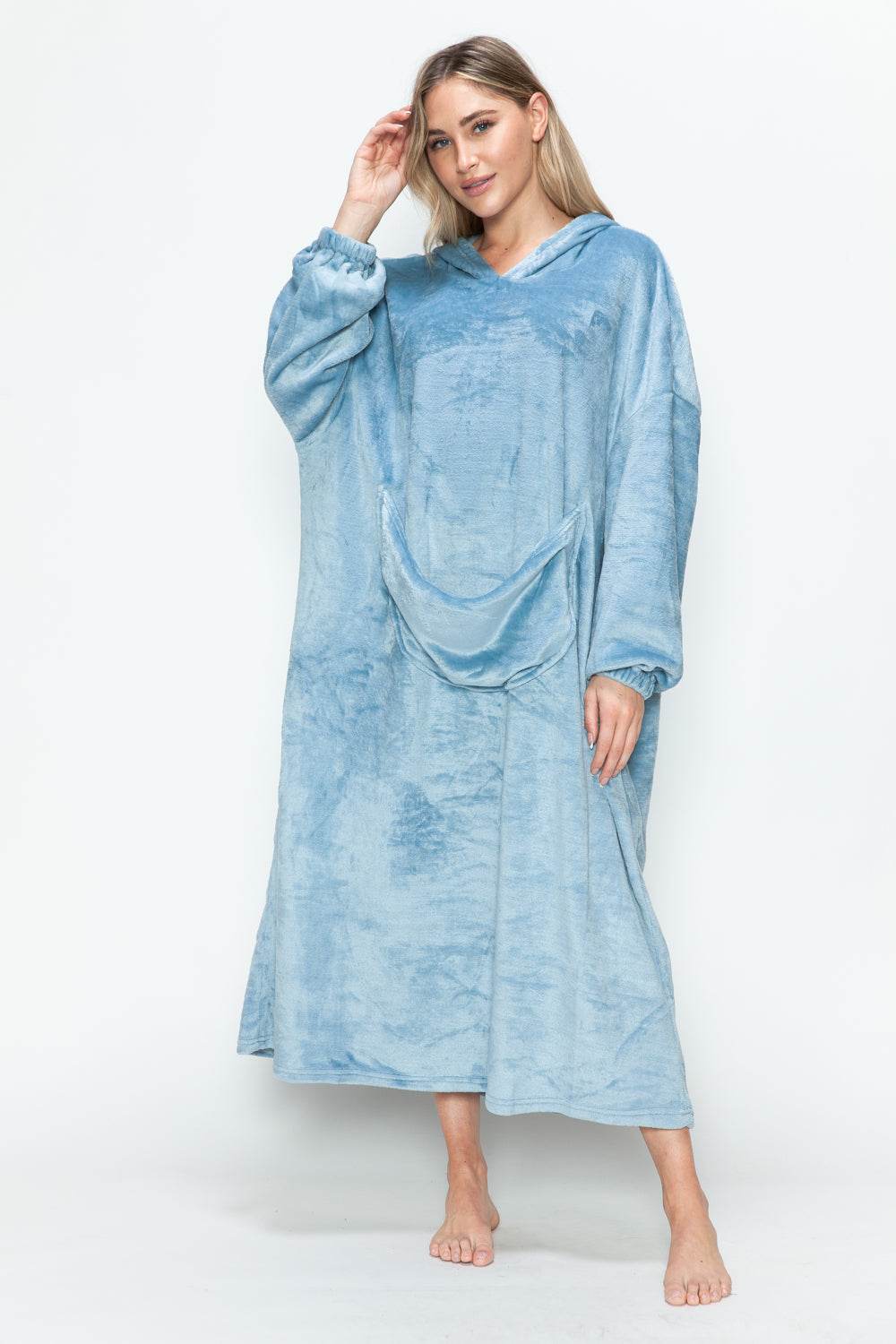 Double Take Full Size Pocketed Hooded Midi Lounge Dress - Hovatok