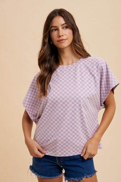 Annie Wear Checkered Round Neck Short Sleeve T-Shirt - Hovatok